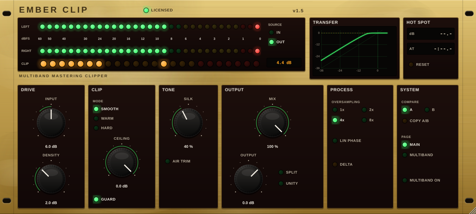The Ember Clip plug-in: a gold faceplate with LED level meters, a transfer-curve screen, the Hot Spot read-out and the Drive, Clip, Tone, Output, Process and System modules.