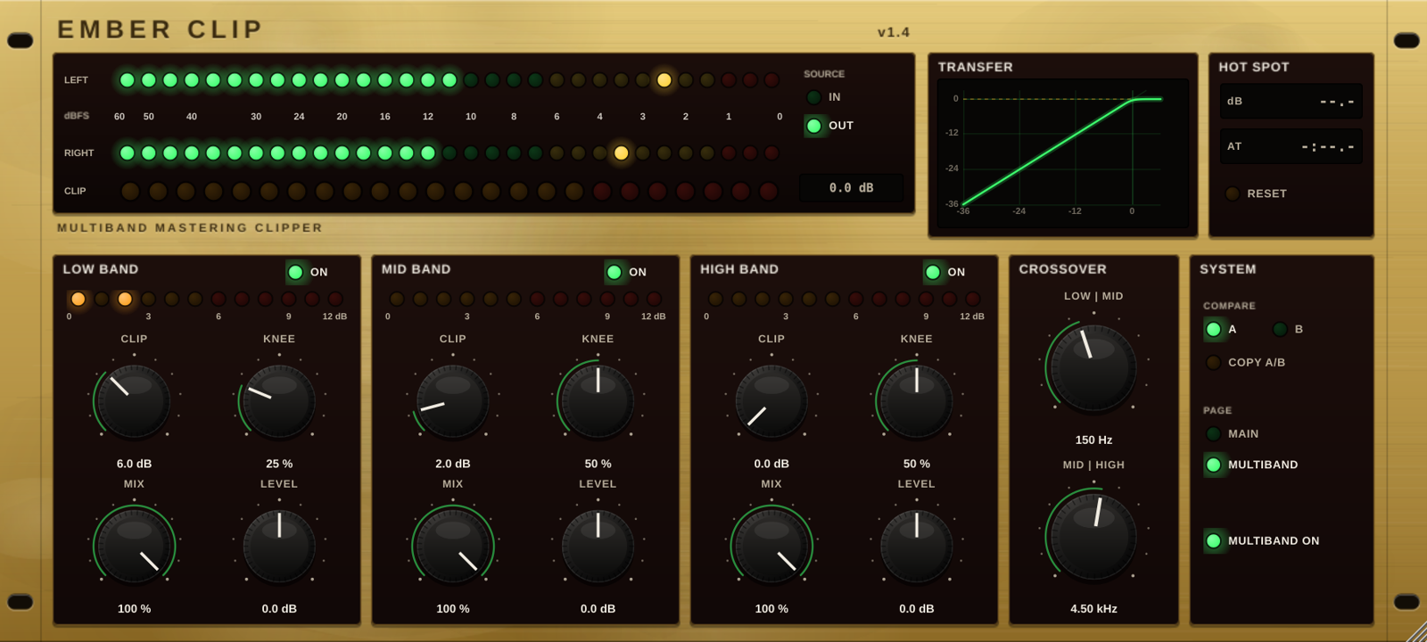 Ember Clip's Multiband page: low, mid and high band modules, each with an LED clip meter and Clip, Knee, Mix and Level knobs, next to the crossover module.