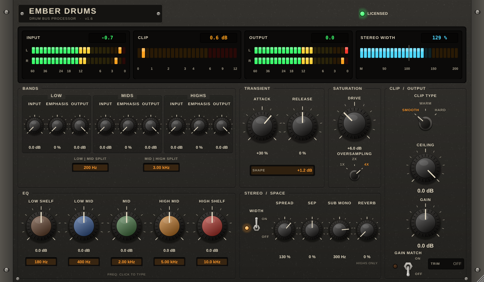 The Ember Drums plug-in: a dark metal faceplate with four digital meters, three framed band columns, transient, saturation, EQ, stereo and clip sections.